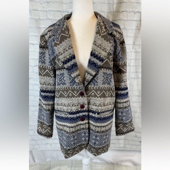 Vtg Van Heusen For Her 90s FAIR ISLE JACKET BLAZER Oversized Ikat Pockets Woven - Picture 1 of 16